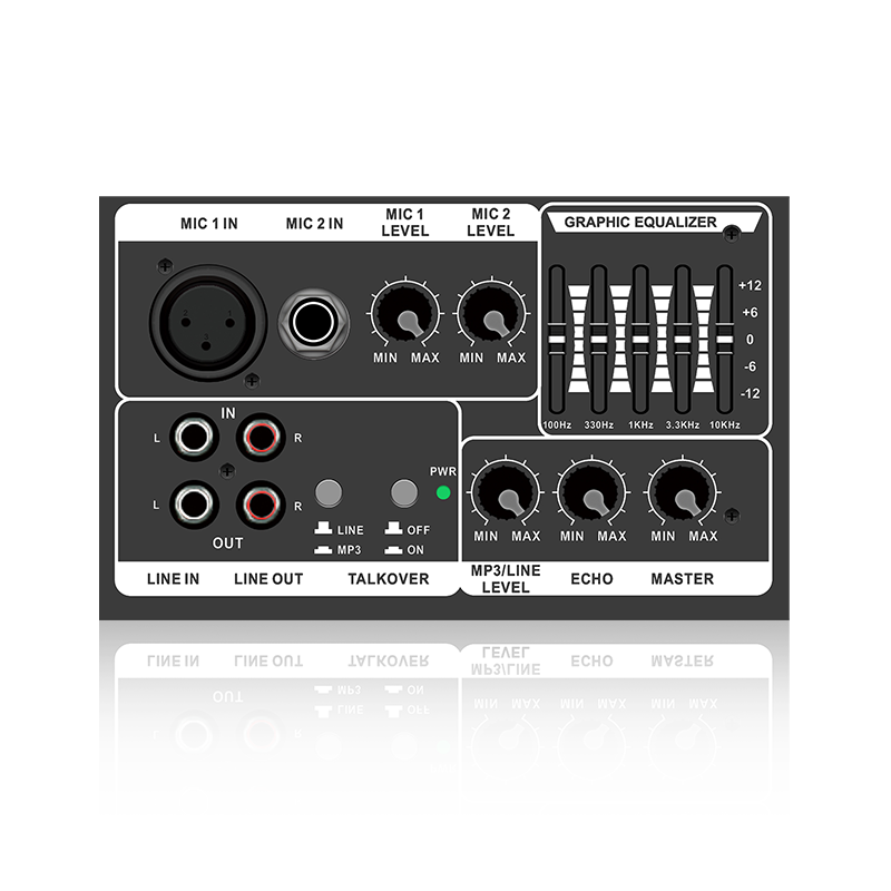 PL13-5EQ+AC: két mikrofoncsatorna és mikrofon prioritású vízszintes analóg funkcionális modul AB osztályú erősítőhöz