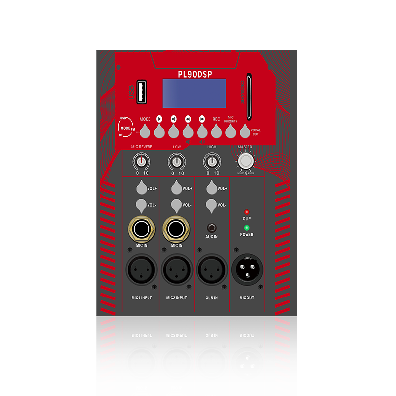 PL90: 2 csatornás mikrofonbemenet mikrofon-reverb vezérléssel, elektromos frekvenciaosztás funkcionális modullal